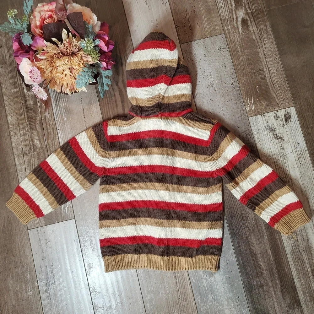 Gymboree 2009 Hooded Knit Striped Winter Sweater Full-Zip Brown Red Vintage